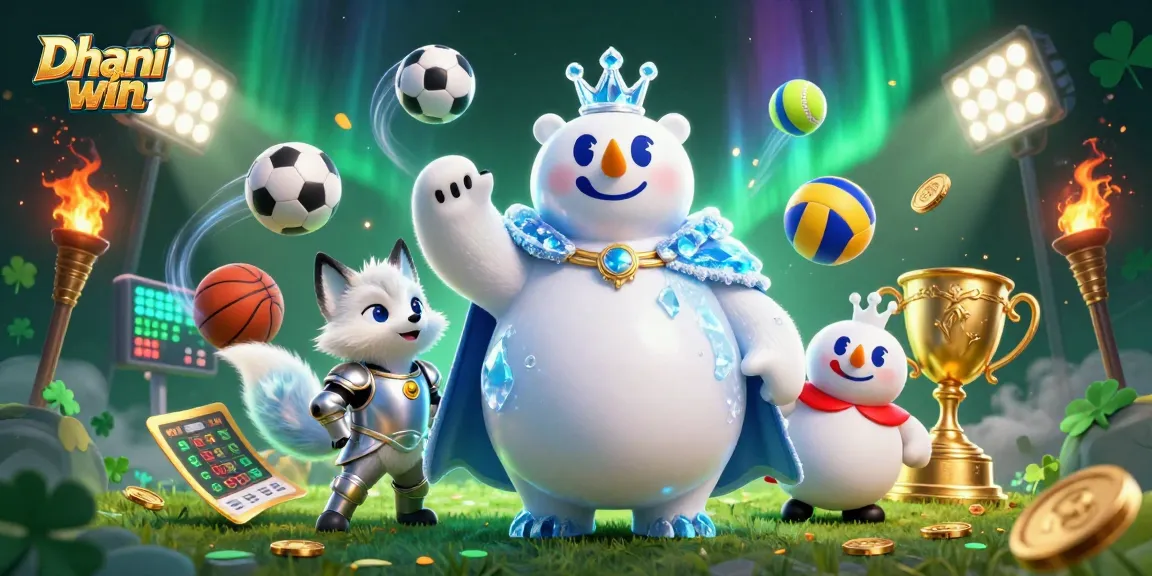 Dhani win players enjoying thrilling sports games with an energetic 3D visualization featuring a playful polar bear and fox.