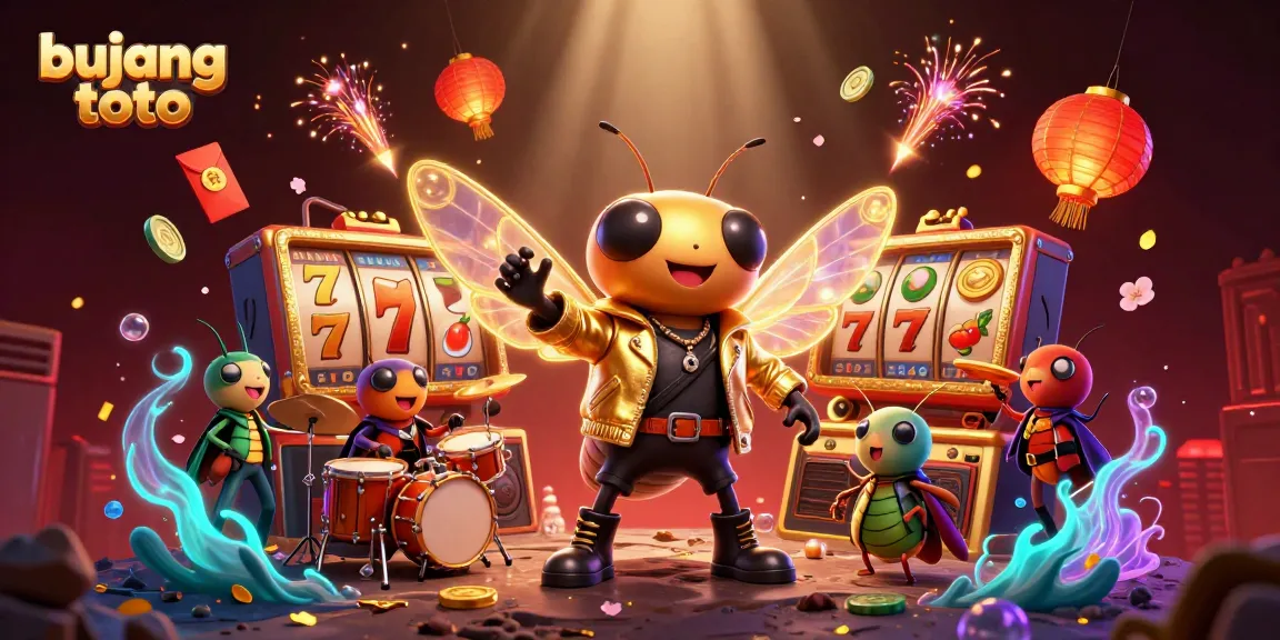 Experience the excitement of bujang toto with a vibrant scene featuring a cicada rock star, surrounded by dynamic gaming symbols.