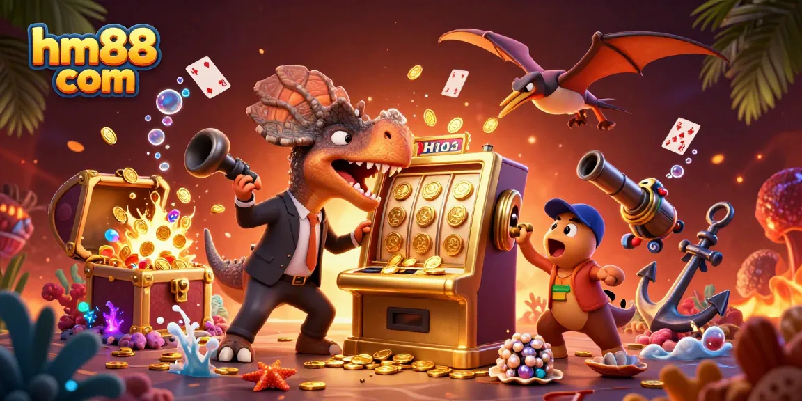 Headbutting slot machine for jackpots at hm88 com as dinosaurs create an exciting casino atmosphere.