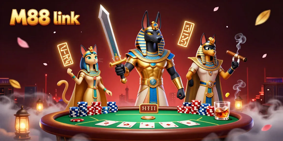 Experience the excitement of M88 link as Anubis and Bastet play poker amid vibrant casino elements.