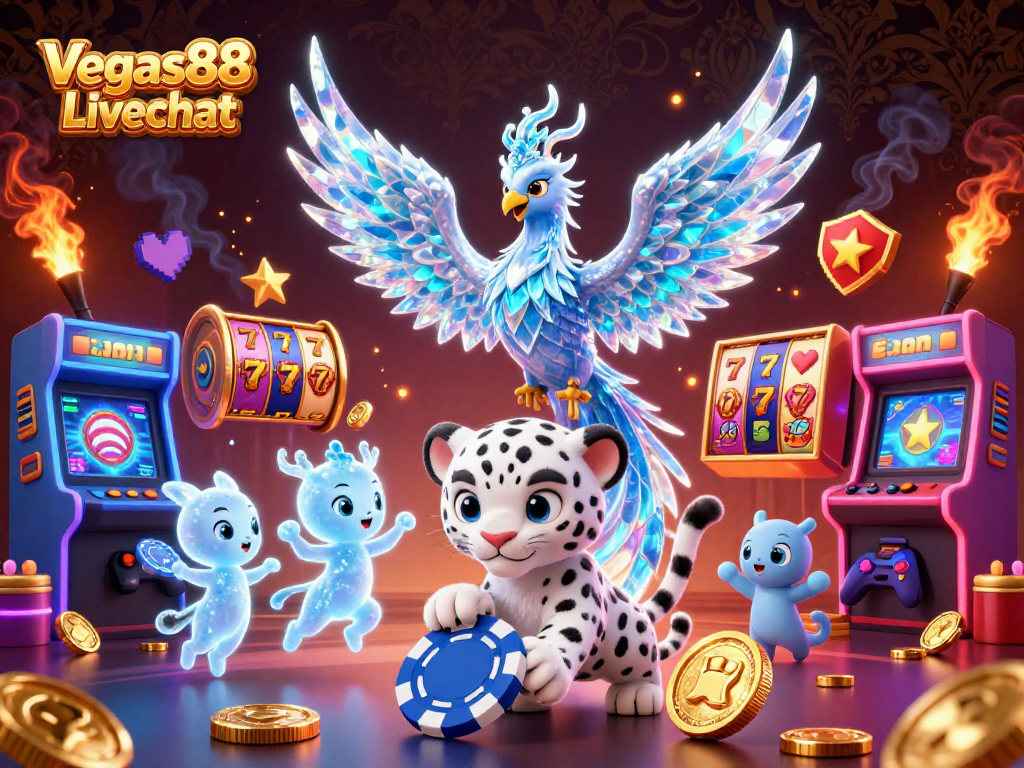 Experience the excitement of Vegas88 Livechat with a vibrant 3D casino scene featuring animated characters and slot reels.