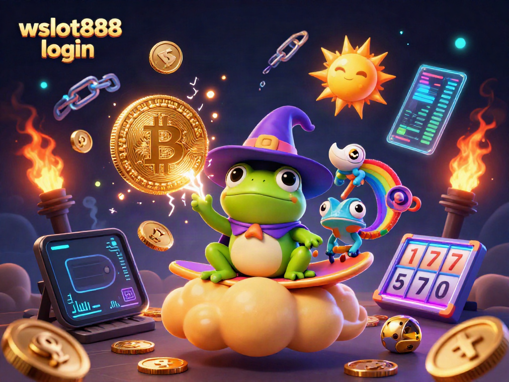 Masuki dunia wslot888 login, nikmati permainan slot sementara koin emas bersinar di latar belakang.