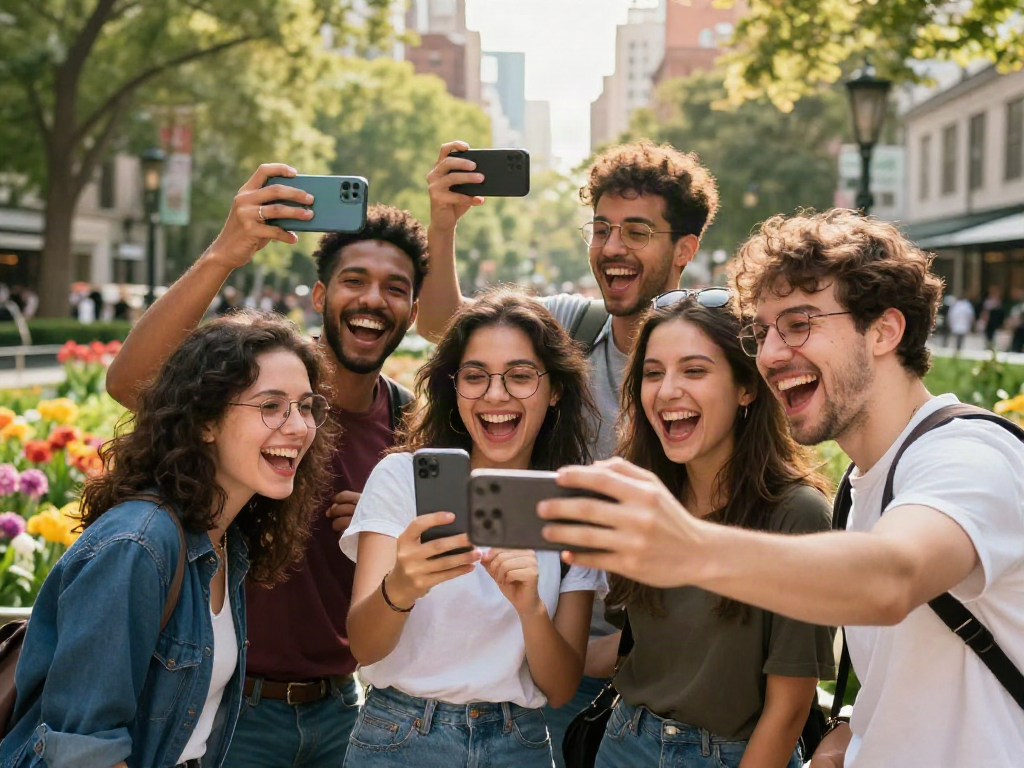 Group of friends using smartphones to check how old do I look in a vibrant city park, showcasing joyful interactions.