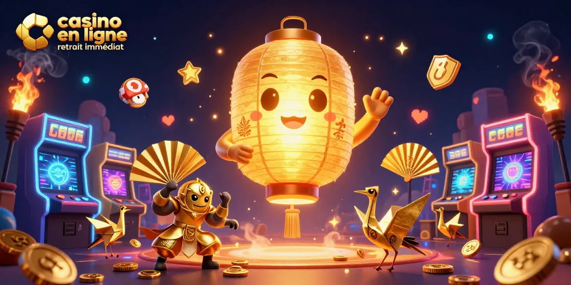 Explore casino en ligne retrait immédiat avec une illustration 3D dynamique de personnages enjoués et machines colorées.