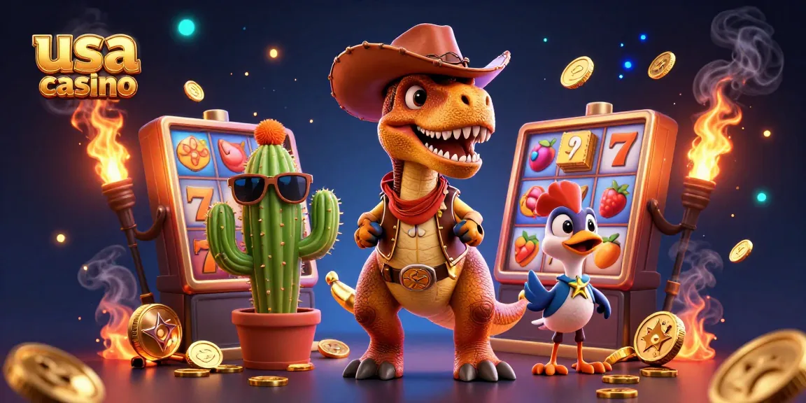 Experience thrilling gameplay at usa casino with a T-Rex cowboy character and vibrant slot games.