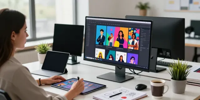 Generate social media content with AI tools in a modern workspace.