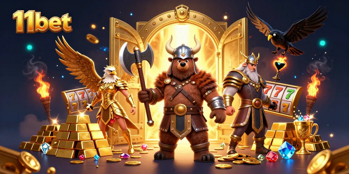 Engage with 11bet's winning potential in a vibrant casino adventure with dynamic characters and treasures.