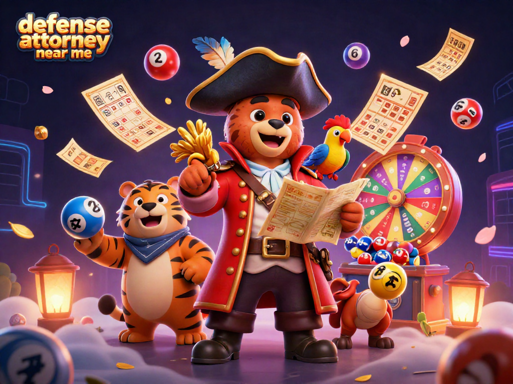 Dynamic lottery scene with pirate captain bear and tiger, emphasizing defense attorney near me.