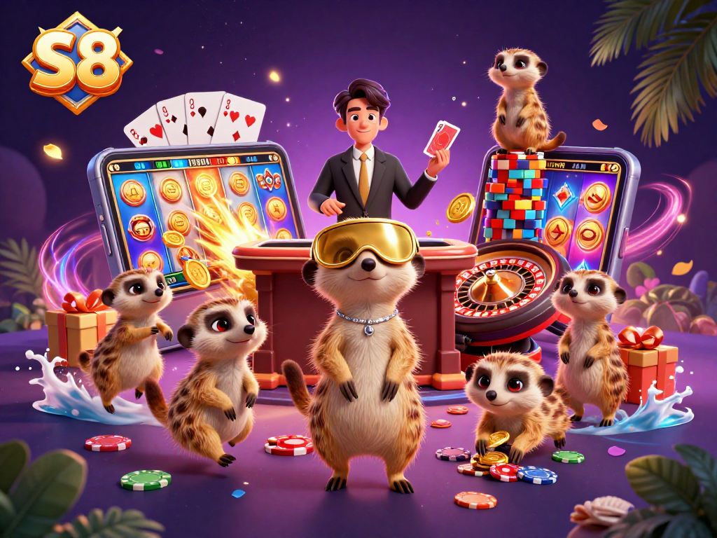 Experience dynamic casino action with S8 meerkats managing games and winning chips.