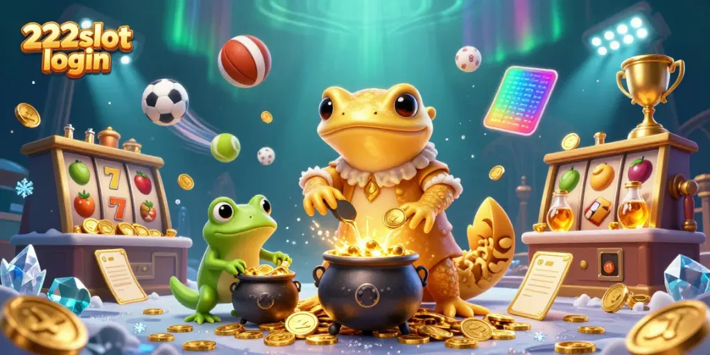 Menangkan slot dengan 222slot login di ilustrasi 3D meriah dengan karakter alkimia dan elemen kasino.