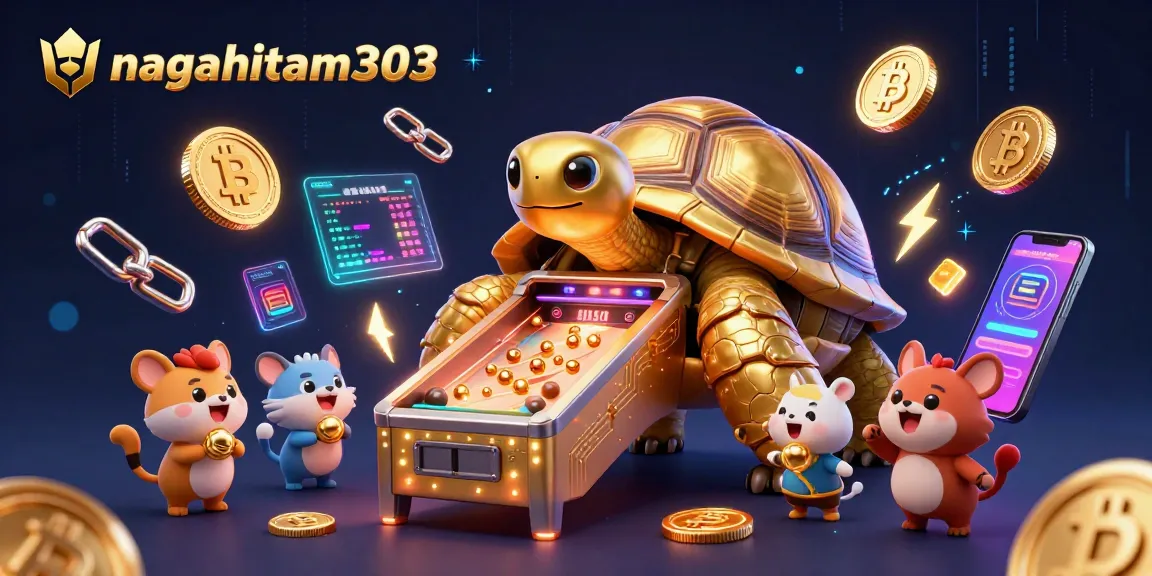 Nagahitam303 menyajikan momen bermain slot dengan kura-kura emas dan elemen cryptocurrency yang menyala.