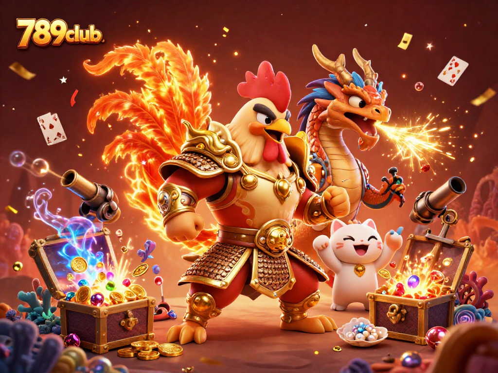 Join the fierce battle at 789club with a fighting rooster warrior and dragon hatchling amidst gold treasures.