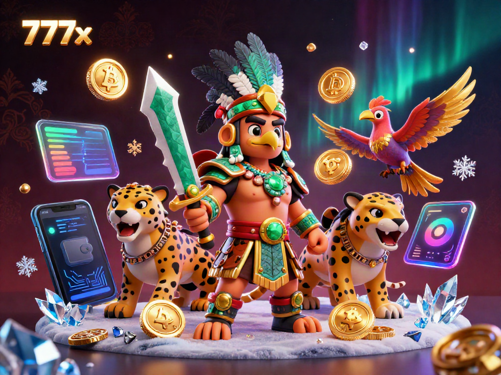 Experience thrilling gaming at 777x with an Aztec warrior and crypto elements in a vibrant scene.
