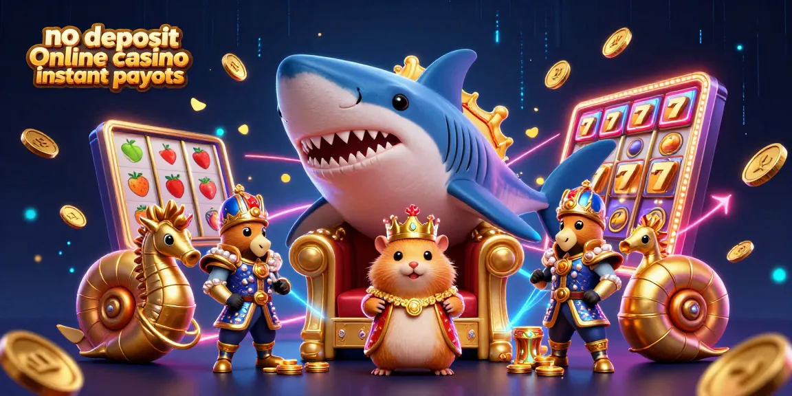 No deposit online casino instant payouts illustrated with a fierce hamster king on a shark throne surrounded by vibrant gaming elements.