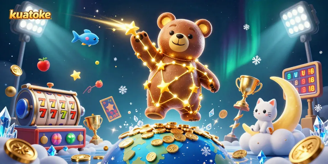 Kuatoke reveals thrilling slots action, showcasing a vibrant constellation bear and golden casino elements.