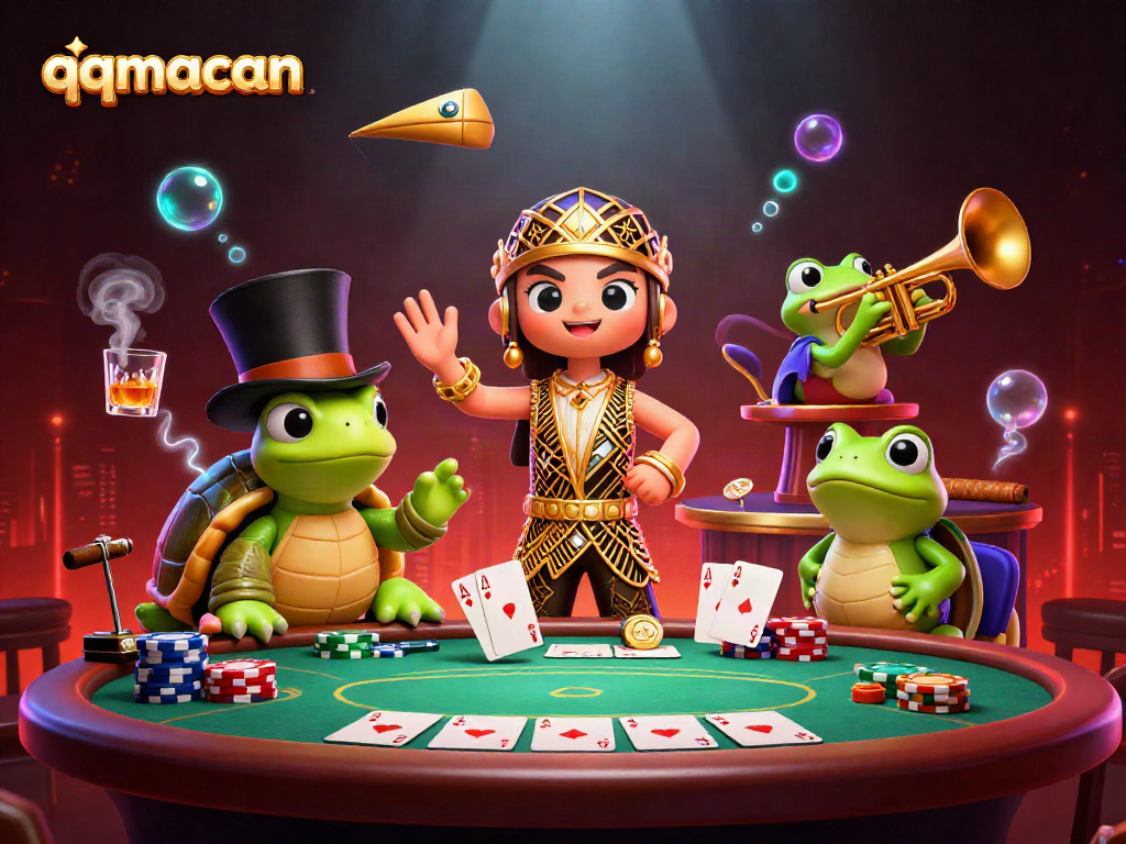Engage in thrilling gameplay at qqmacan with poker and colorful chips at a lively casino scene.