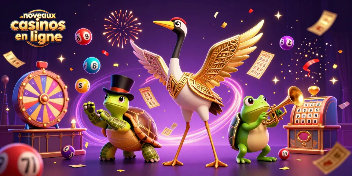 Illustration animée des nouveaux casinos en ligne avec un crabe art déco et des éléments de loterie captivants.