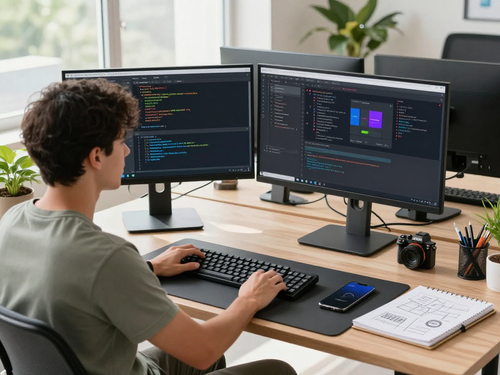 Mantra88 login scene with a developer at a workstation coding on dual monitors in a bright office.