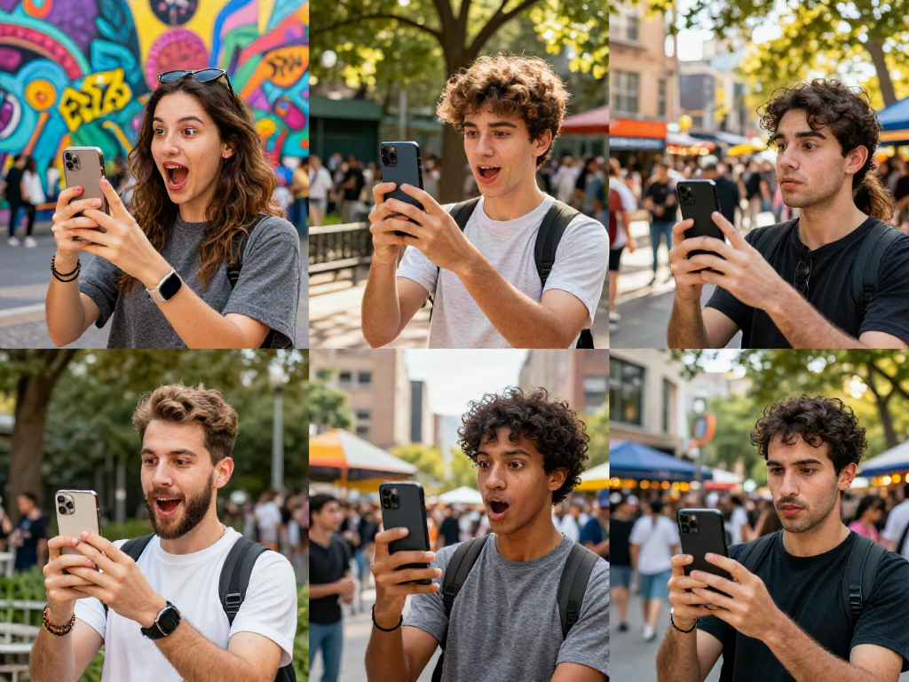 People discovering which celebrities look alike in a vibrant urban park setting.