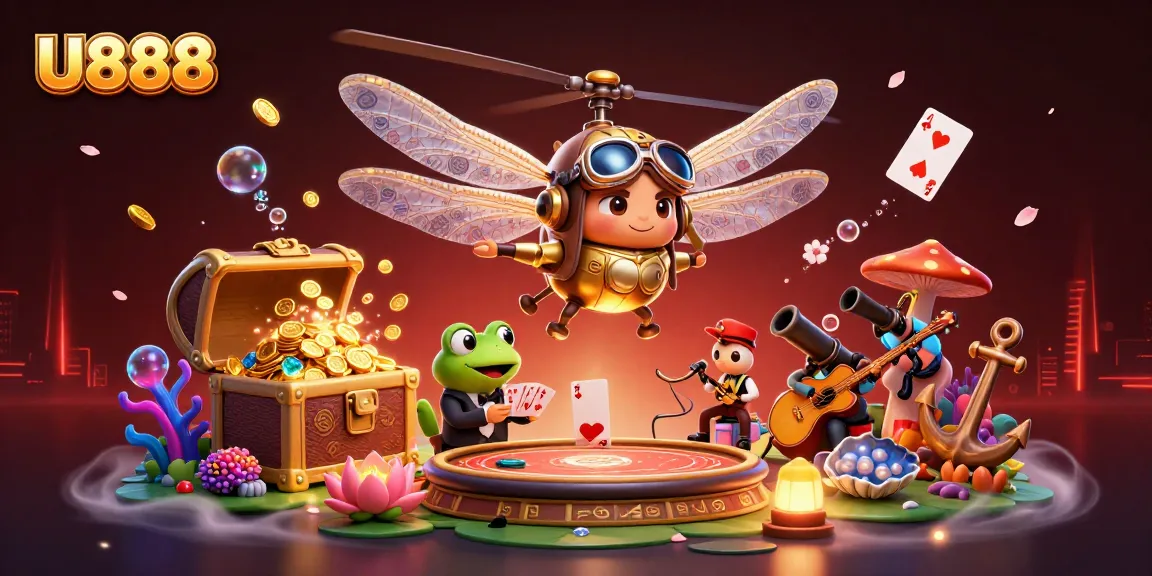 Experience the thrill of U888 as a vibrant scene unfolds with lively characters, cards, and treasures.