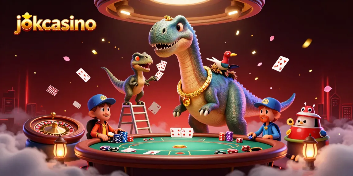 jokacasino engages players in a vibrant poker scene with a brontosaurus dealer and dynamic gameplay elements.