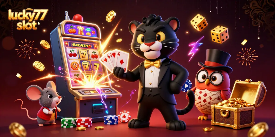 Play the lucky77 slot with charm as the black panther deals cards among colorful casino-themed elements.