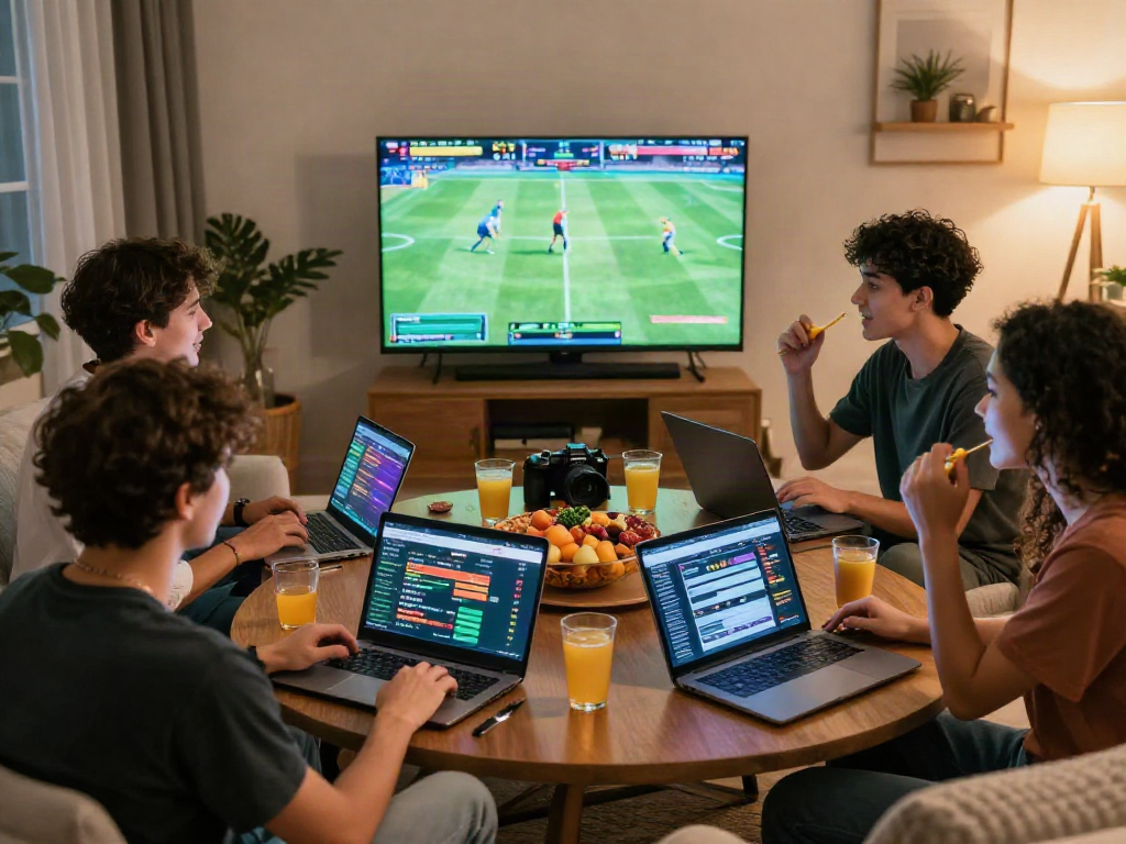 먹튀스팟 검증사이트 - Engaging scene of friends discussing strategies while placing bets on various platforms.