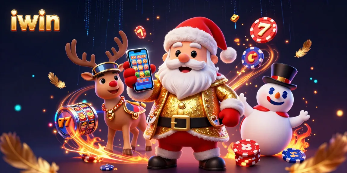 Spin the reels with iwin as Santa and friends celebrate jackpots in a vibrant casino scene.