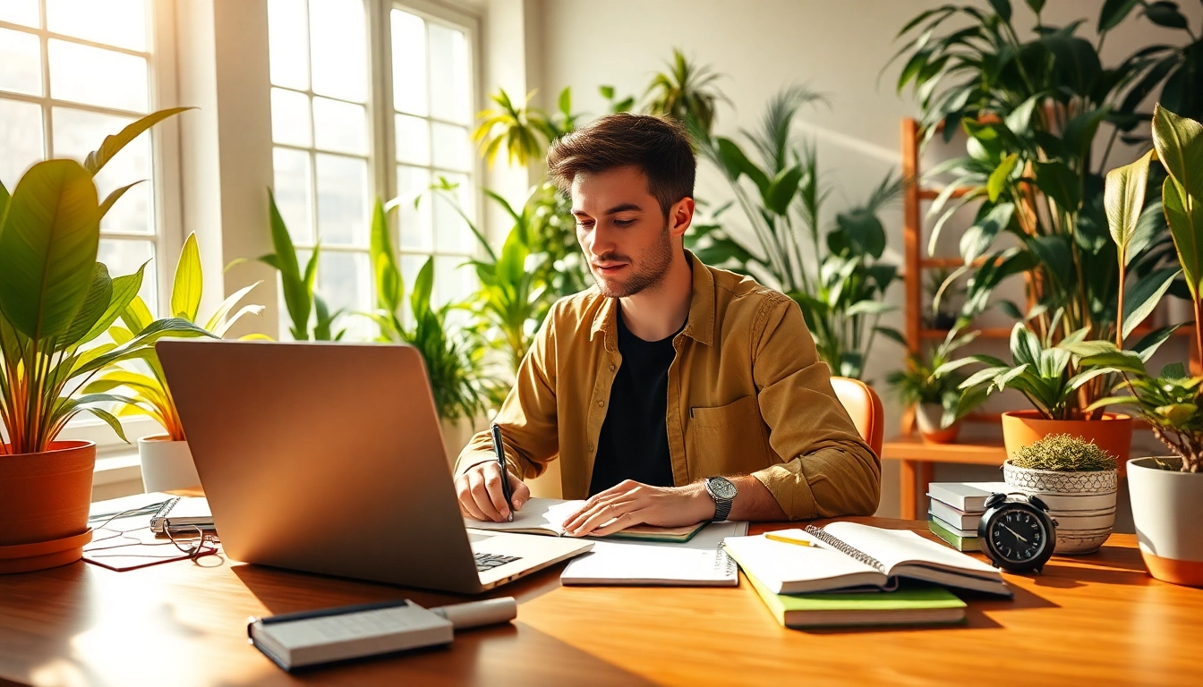 Achieve Peak Productivity in a bright workspace showcasing an individual focused on various productivity tools.