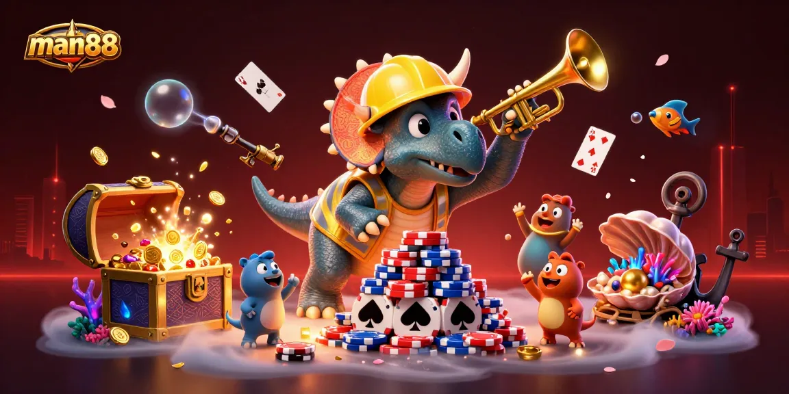 Engage with man88's thrilling casino scene featuring energetic characters celebrating a poker chips pyramid.