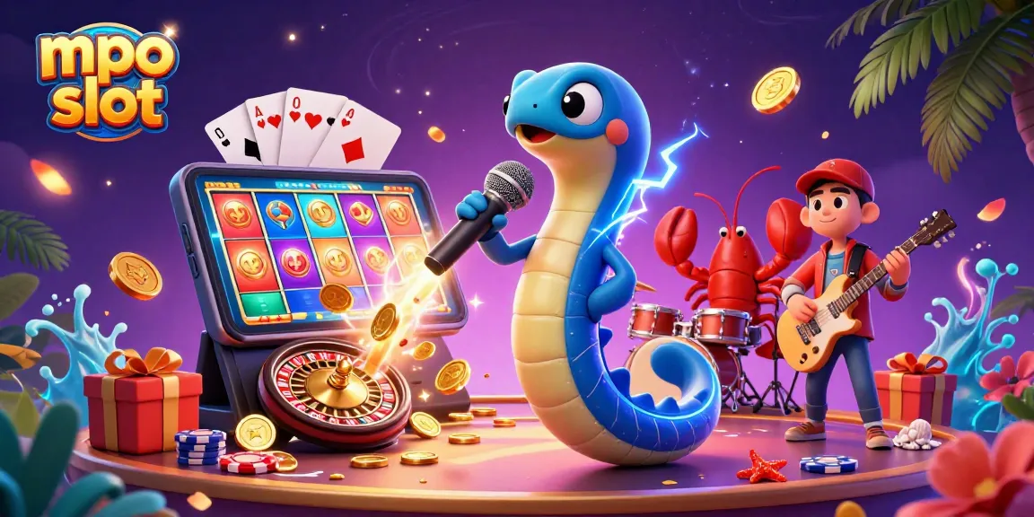 Engage with mpo slot through a vibrant underwater casino scene featuring dynamic characters and games.