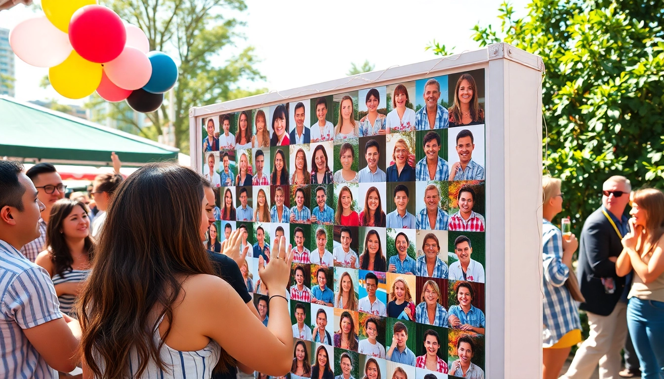 Engage with the interactive photo wall at an outdoor event showcasing vibrant images and joyful interactions.