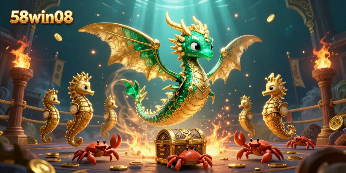 Engage with the thrilling 58win08 casino adventure, showcasing a majestic sea dragon and treasure elements.