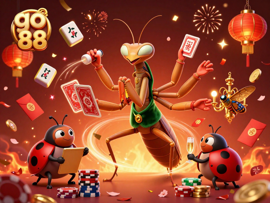 Experience go 88 at the vibrant casino where cards are dealt by a giant praying mantis and surrounded by festive elements.