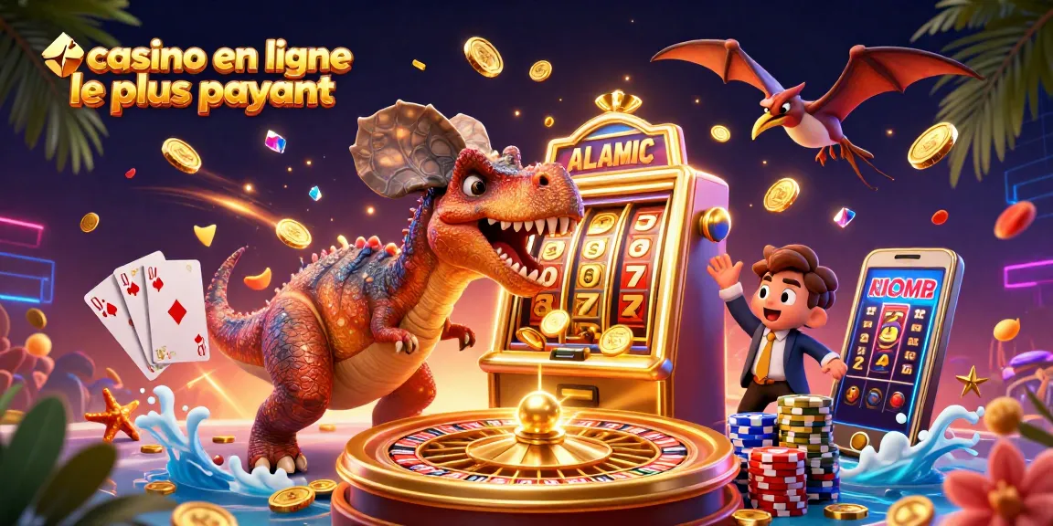 Déclenchez le jackpot avec le casino en ligne le plus payant, affichant des dinosaures et des machines à sous dorées.