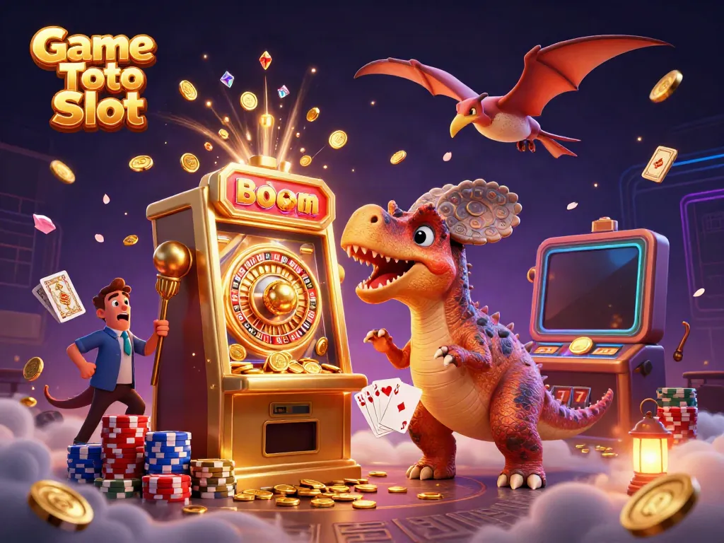 Game Toto Slot menampilkan dinosaurus kartun yang memukul mesin slot emas, menangkap koin jackpot.