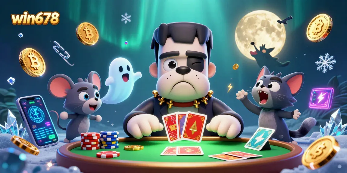 Win678 casino scene with a cartoon bulldog dealer, ghost mouse, and werewolf kitten in a dynamic gaming setting.