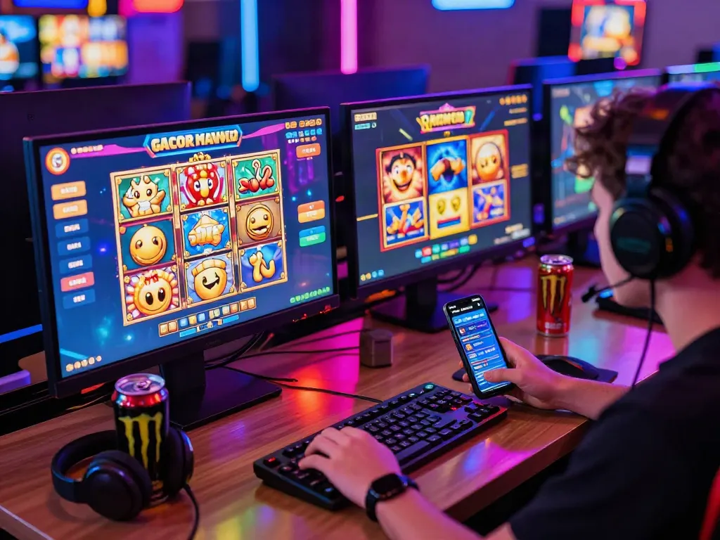 Exciting gaming scene illustrating slot gacor maxwin experience with vibrant graphics and engaging player setup.