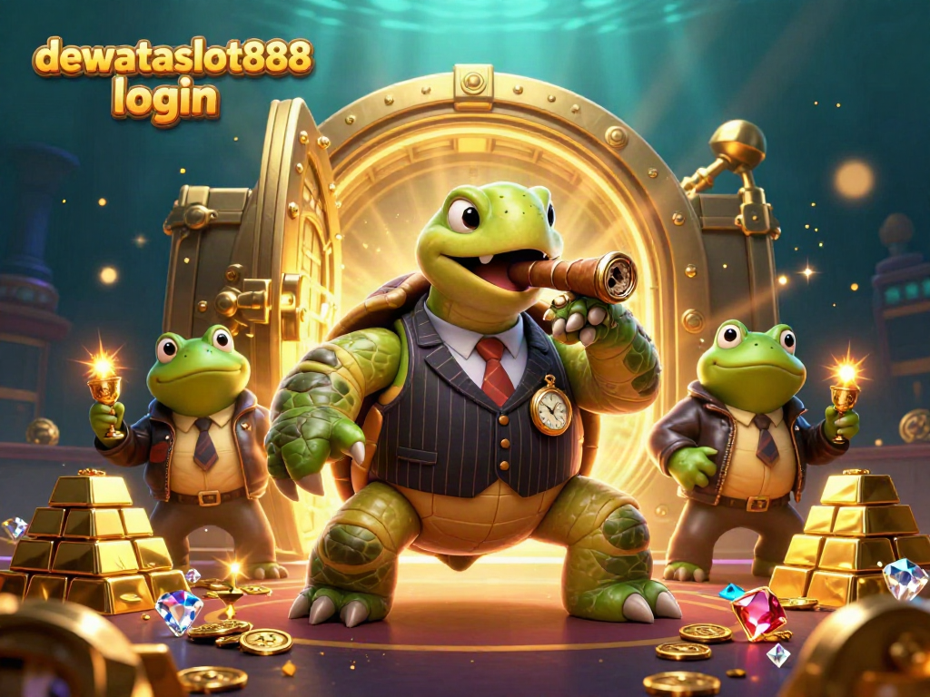 Ilustrasi 3D dewataslot888 login dengan karakter kura-kura dan kodok sebagai penegak hukum di latar belakang kasino yang kaya harta.