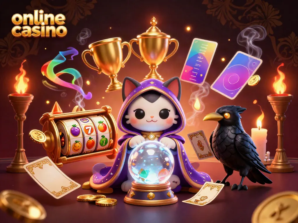 Engaging online casino scene featuring a fortune teller cat and ravens with dynamic slot reels and gaming elements.