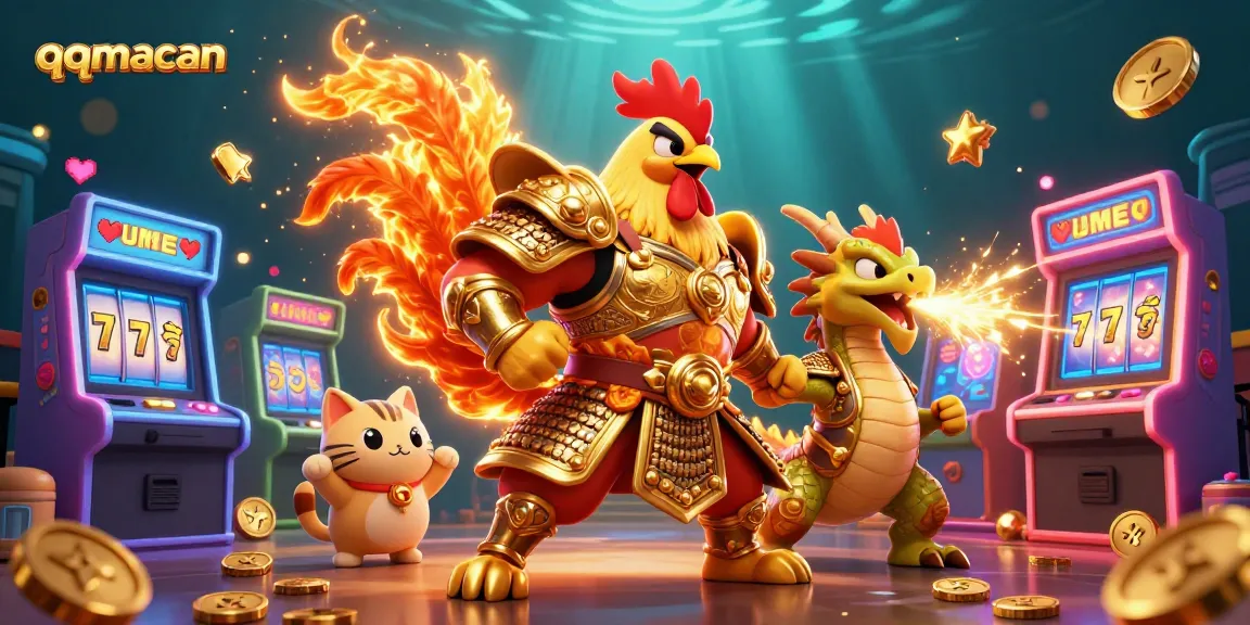Engage with qqmacan's lively 3D illustration featuring themed characters amidst a dynamic casino scene