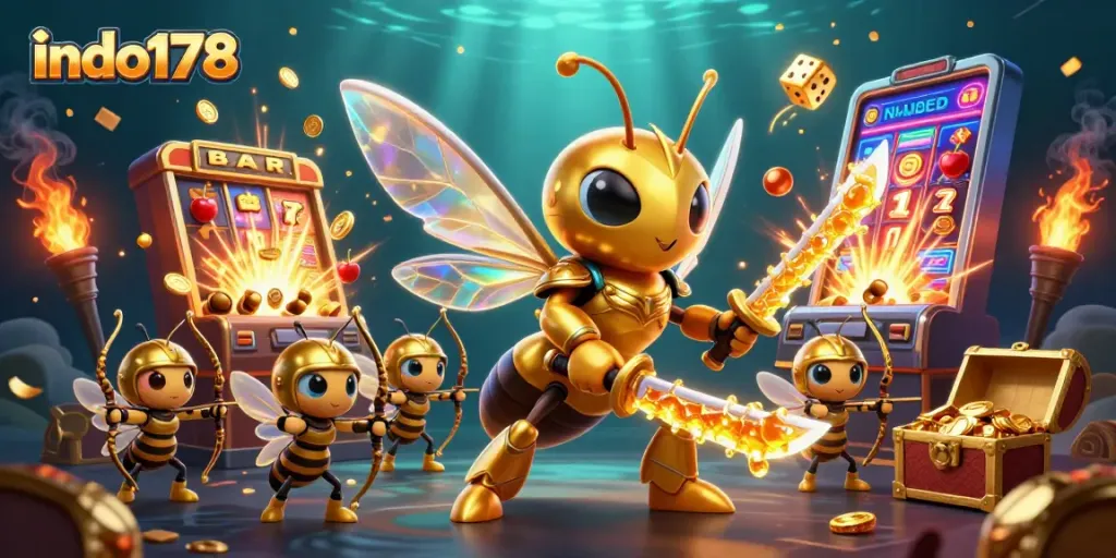 Playing exciting games at indo178 casino with stunning 3D characters and jackpot symbols flying around.