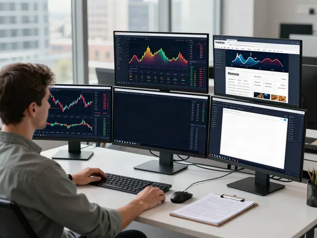 Traders using TradingView on multiple monitors in a modern office