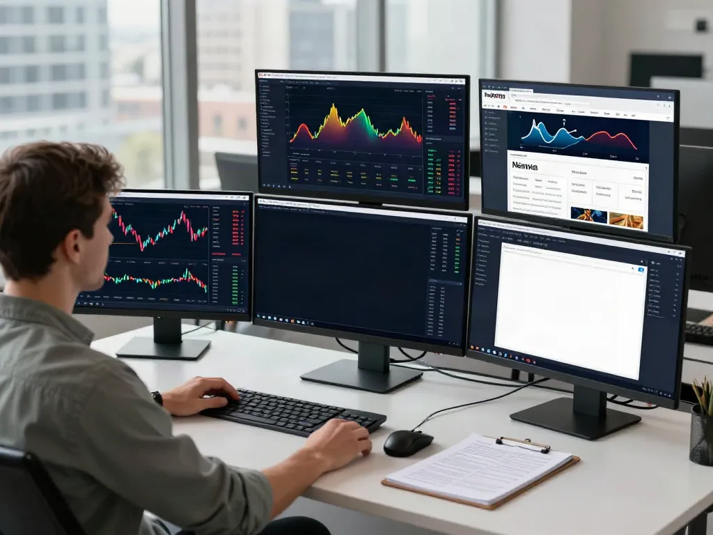 Traders using TradingView on multiple monitors in a modern office
