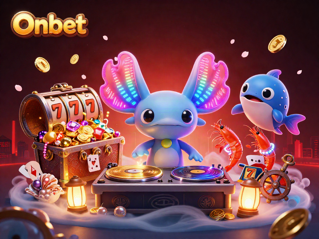 Experience Onbet's dynamic casino world with lively characters, vibrant treasures, and slot elements.
