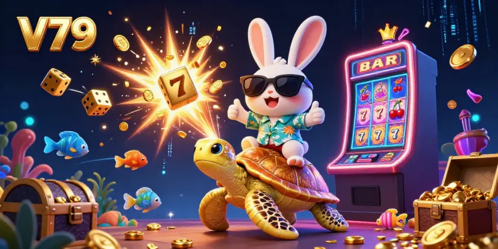 Experience V79 excitement as the lucky rabbit and golden turtle celebrate with stunning casino elements!