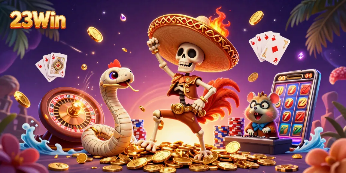 Experience the thrill at 23Win with dynamic casino action in an engaging digital illustration.
