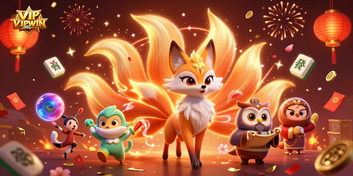 Engage in exciting gameplay at VIPWIN with a colorful nine-tailed fox and wise owl among festive casino elements.