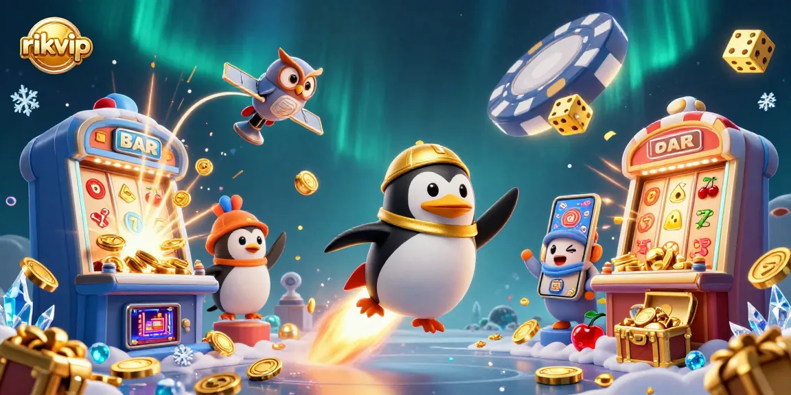 Experience thrilling gameplay at rikvip with a dynamic illustration of a golden penguin and casino elements.