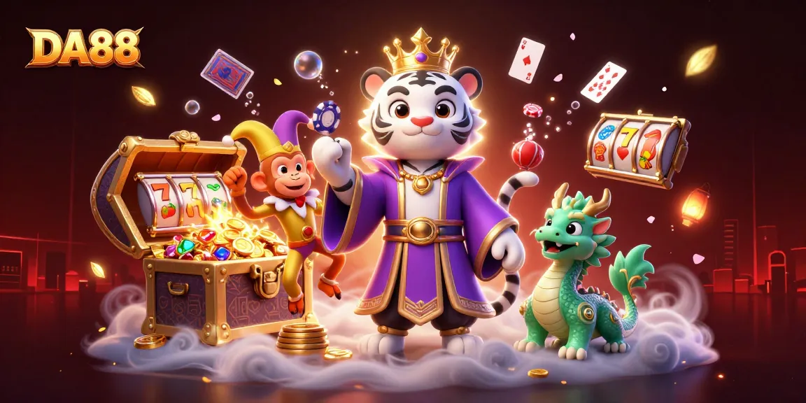 Experience thrills at DA88 with a lively 3D casino scene featuring a white tiger and playful monkey.